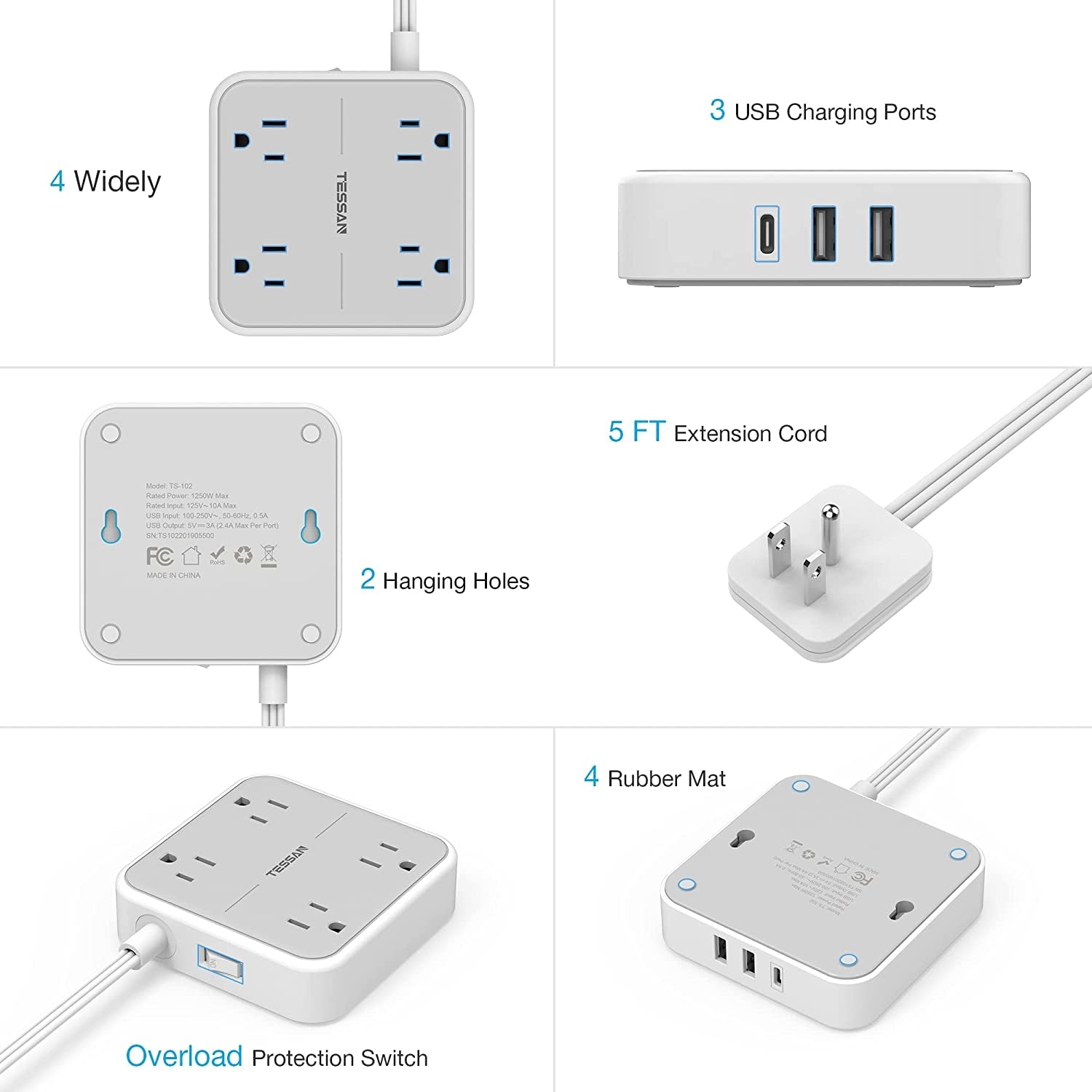 Flat Plug Power Strip 5 FT Extension Cord Flat Plug With 4 Outlets 3 USB Wall Charger(1 USB C Port)