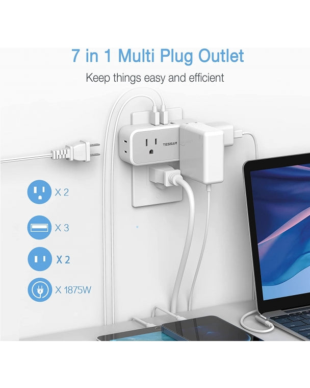Travel Multi Plug Outlet Extender With 4 Outlet Box Splitter 3 USB Wall Charger