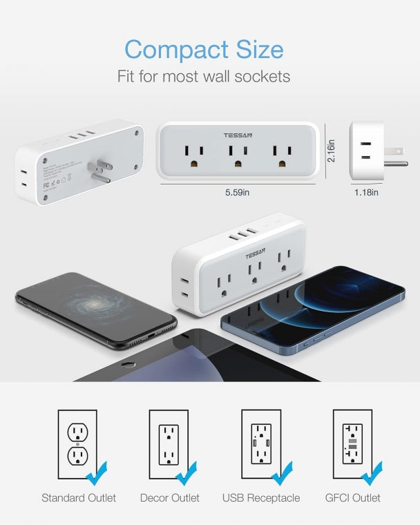 TESSAN Multi Outlet Extender, Surge Protection, Compact Design Saving Space For Other Electronics