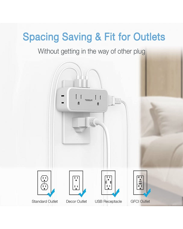 Travel Multi Plug Outlet Extender With 4 Outlet Box Splitter 3 USB Wall Charger