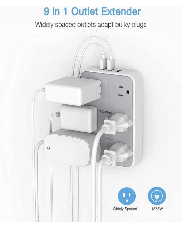 Bathroom Surge Protector Multi Plug Outlet Extender With 6 Outlet Splitter 3 USB Wall Charger