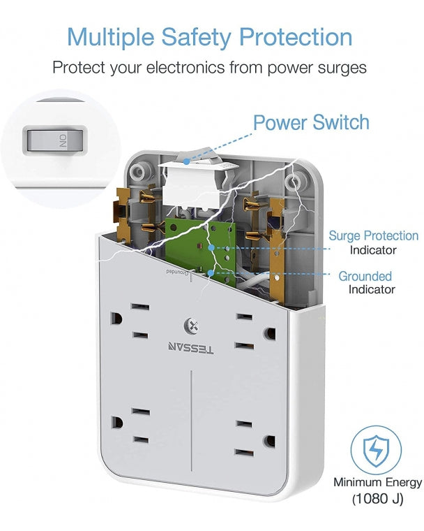 Bathroom Surge Protector Multi Plug Outlet Extender With 6 Outlet Splitter 3 USB Wall Charger