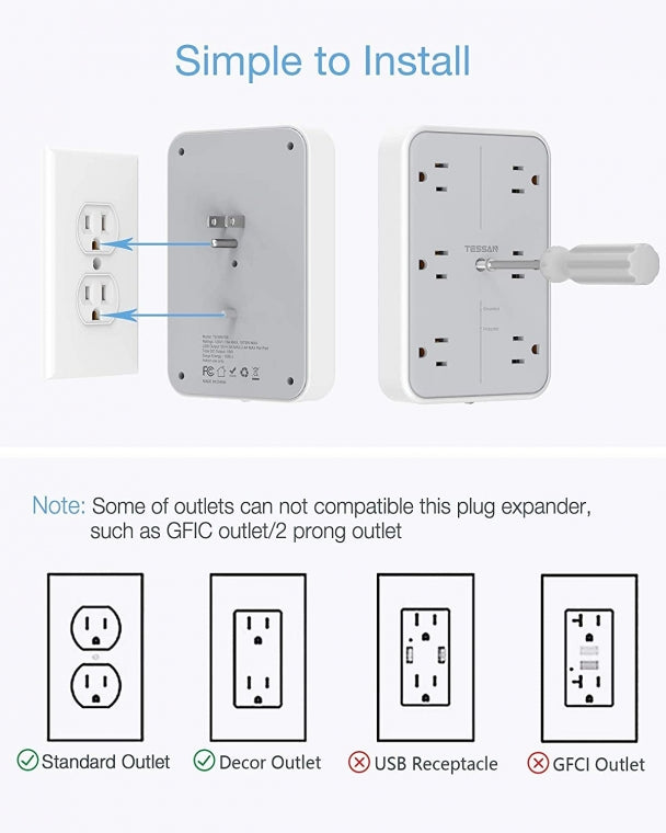 Bathroom Surge Protector Multi Plug Outlet Extender With 6 Outlet Splitter 3 USB Wall Charger