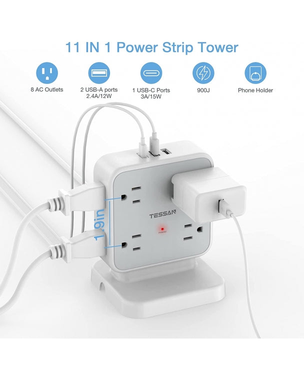 Power Tower Surge Protector with 8 AC Outlets 3 USB (1 USB-C), 5 FT Flat Plug Extension Cord