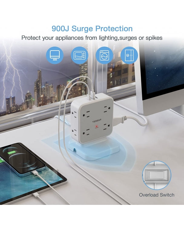 Power Tower Surge Protector with 8 AC Outlets 3 USB (1 USB-C), 5 FT Flat Plug Extension Cord