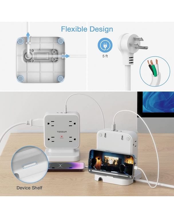 Power Tower Surge Protector with 8 AC Outlets 3 USB (1 USB-C), 5 FT Flat Plug Extension Cord