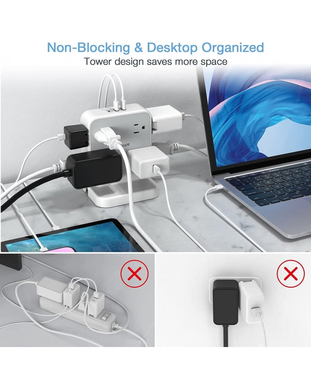 Power Tower Surge Protector with 8 AC Outlets 3 USB (1 USB-C), 5 FT Flat Plug Extension Cord