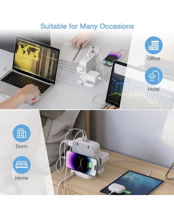 Power Tower Surge Protector with 8 AC Outlets 3 USB (1 USB-C), 5 FT Flat Plug Extension Cord