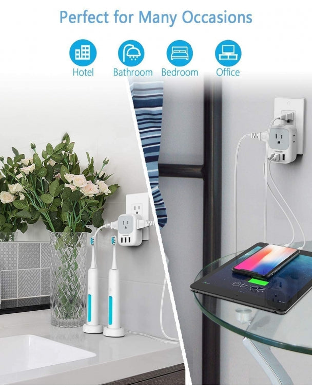 Home Multi Plug Outlet Extender With 4 Outlet Box Splitter 3 USB Wall Charger