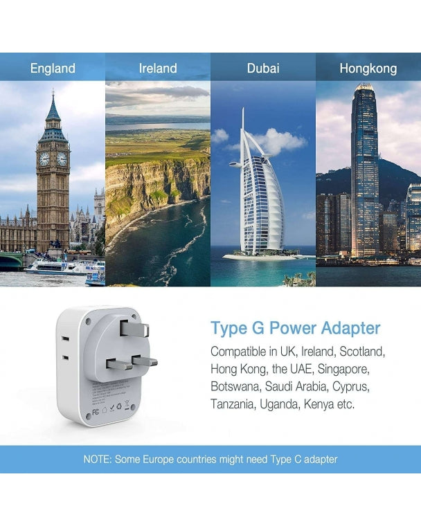 US To UK/HK/Saudi Arabia Travel Adapter With 4 Outlets 3 USB Ports (Fast Charging PD 15W)