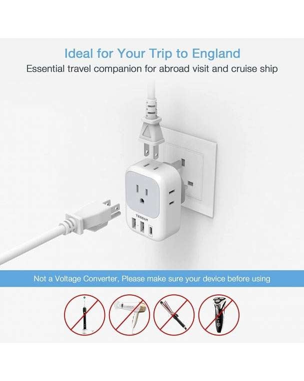 US To UK/HK/Saudi Arabia Travel Adapter With 4 Outlets 3 USB Ports (Fast Charging PD 15W)