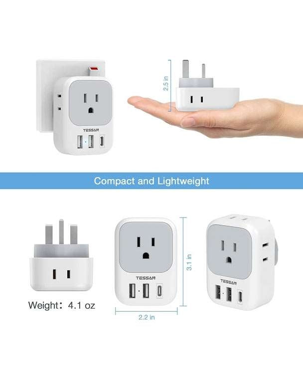 US To UK/HK/Saudi Arabia Travel Adapter With 4 Outlets 3 USB Ports (Fast Charging PD 15W)