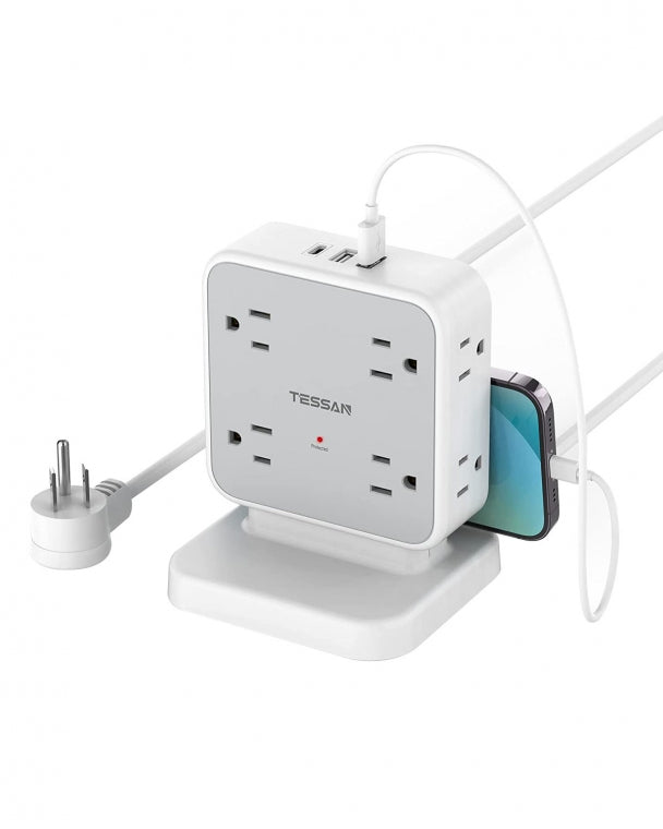 thumbnail image 2 of Kakyanill Surge Protection Power Tower – 9 AC Outlets, 8 USB Ports (4 USB-C), Retractable 6ft Cord, White 2 of 4