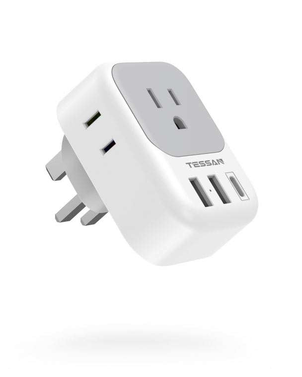 US To UK/HK/Saudi Arabia Travel Adapter With 4 Outlets 3 USB Ports (Fast Charging PD 15W)