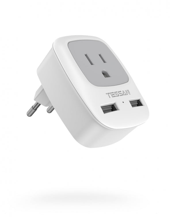 TESSAN US to Europe Plug Travel Adapter, 4 Outlets and 3 USB Ports( 2 USB C), for Italy Spain France Germany Iceland Portugal, 2 Pack