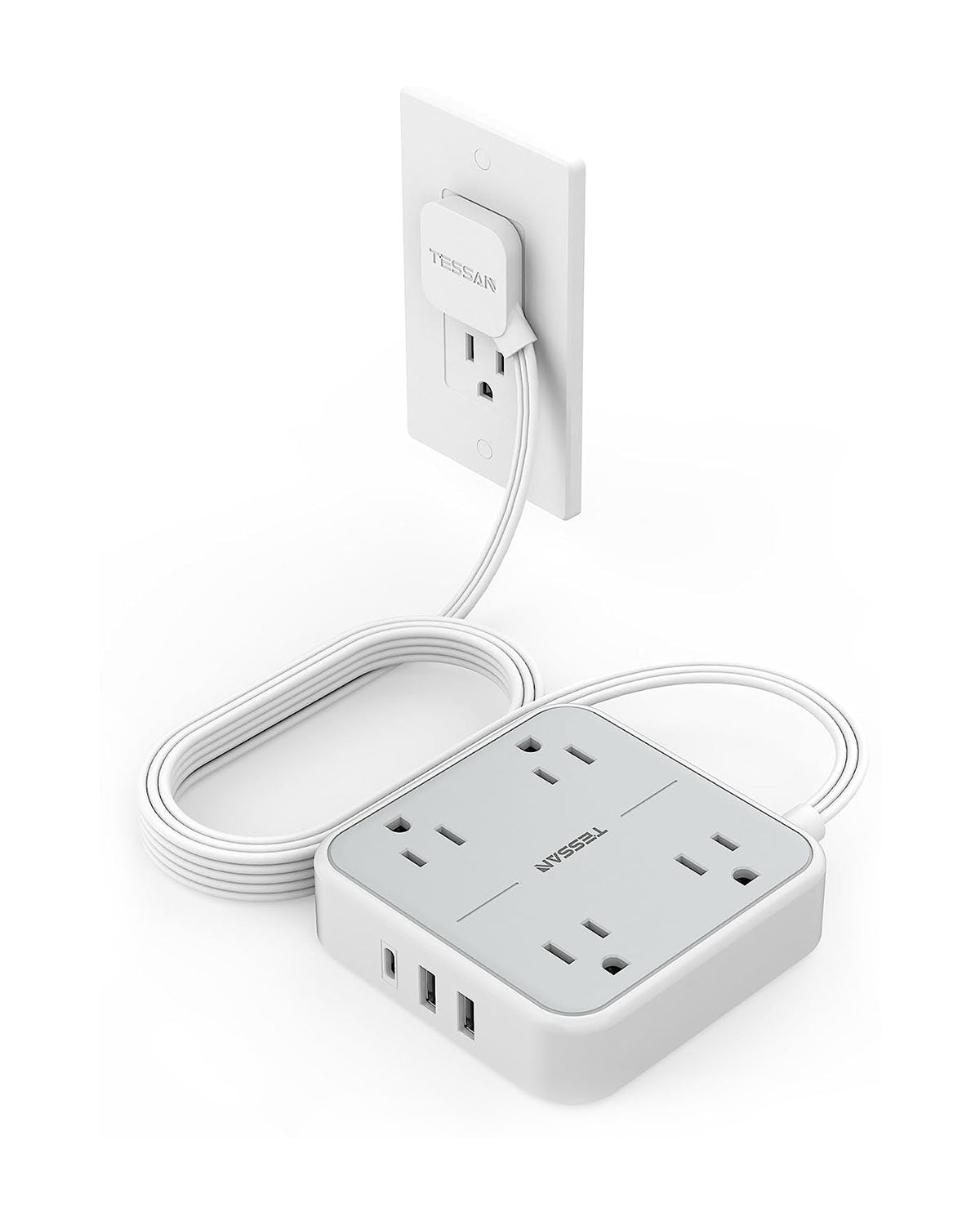 Flat Plug Power Strip 5 FT Extension Cord Flat Plug With 4 Outlets 3 USB Wall Charger(1 USB C Port)