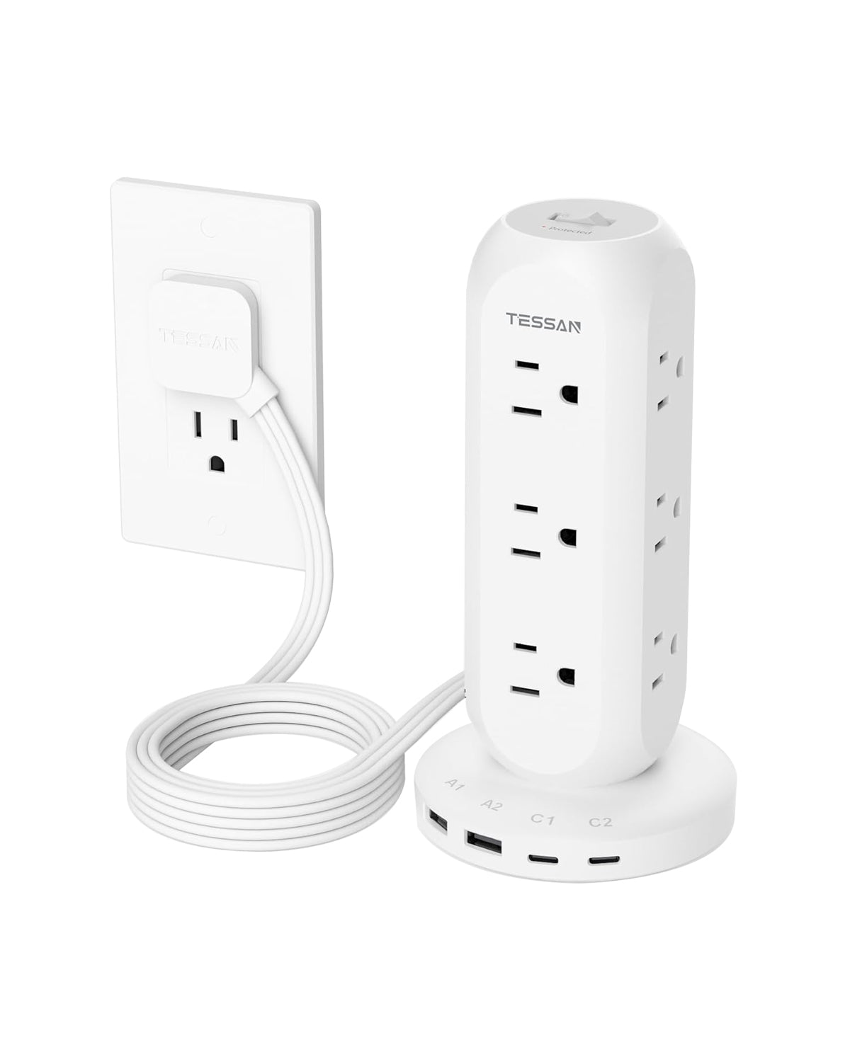 TESSAN 6FT Flat Plug Extension Cord, 9 Outlets 4 USB Charging Station, 900J Surge Protection for Office, Dorm, Home