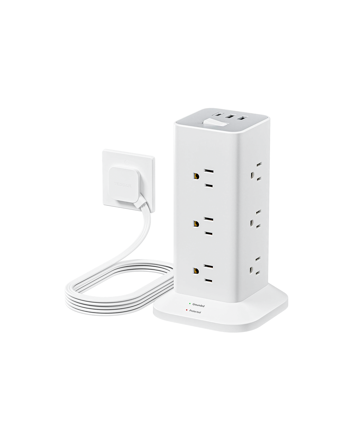 TESSAN Flat Plug Tower Strip With USB Ports (12 AC + 2 USB A + 1 USB C), Extended Flat Cord, Surge Protection