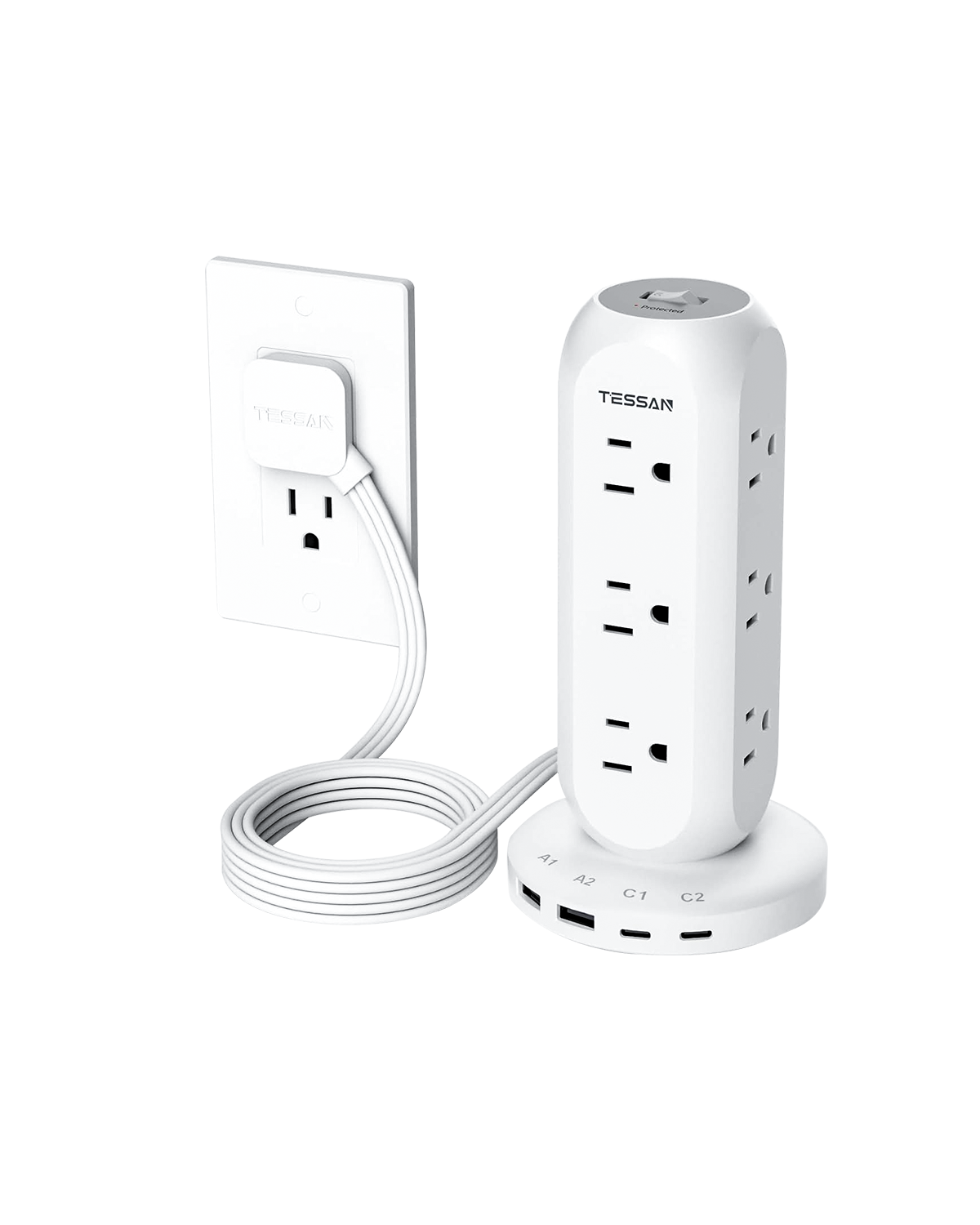 TESSAN 6FT Flat Plug Extension Cord, 9 Outlets 4 USB Charging Station, 900J Surge Protection for Office, Dorm, Home