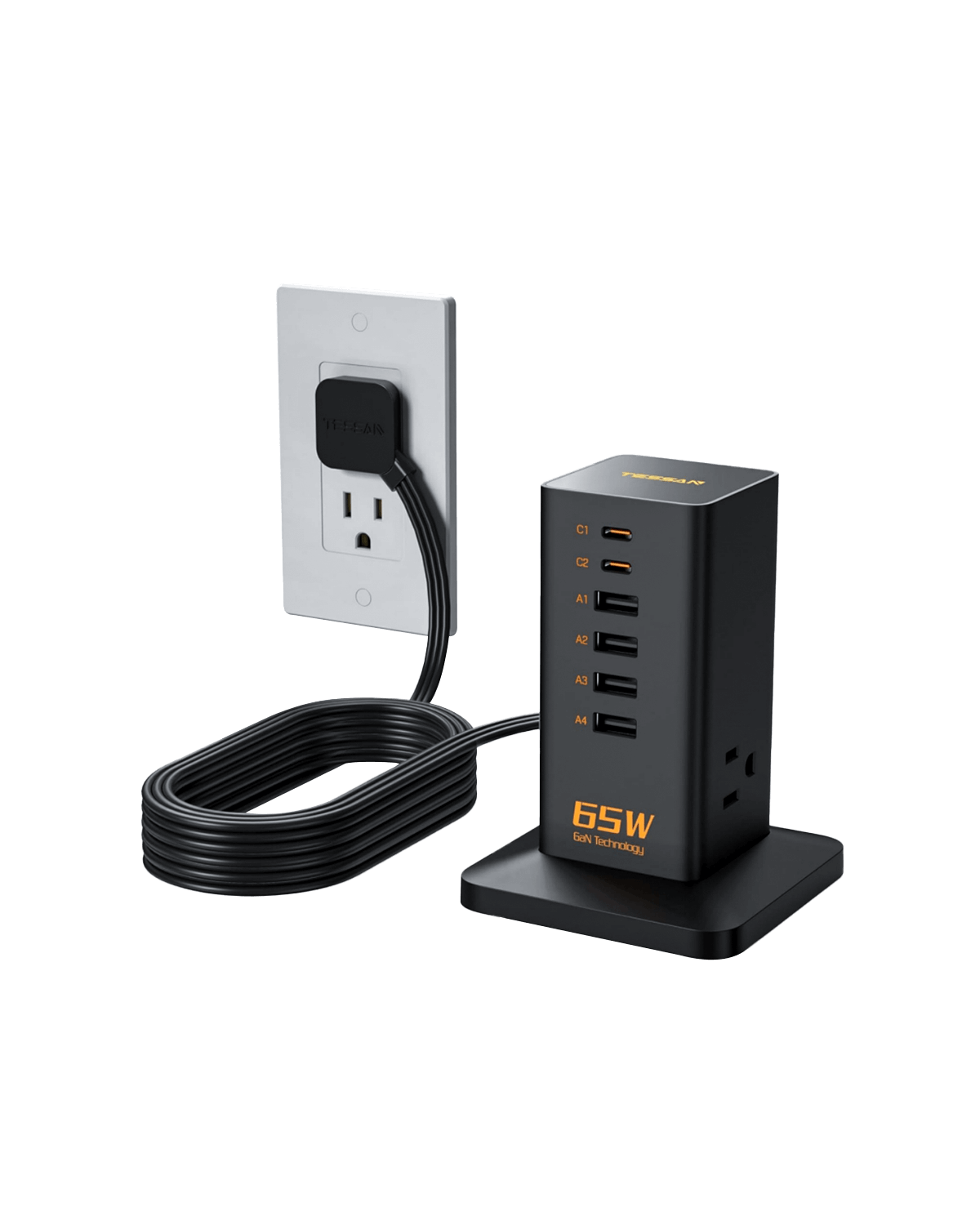 TESSAN 65W Desk Charging Station, 6 Port GaN USB Fast Charger Block Tower with 3 Outlets