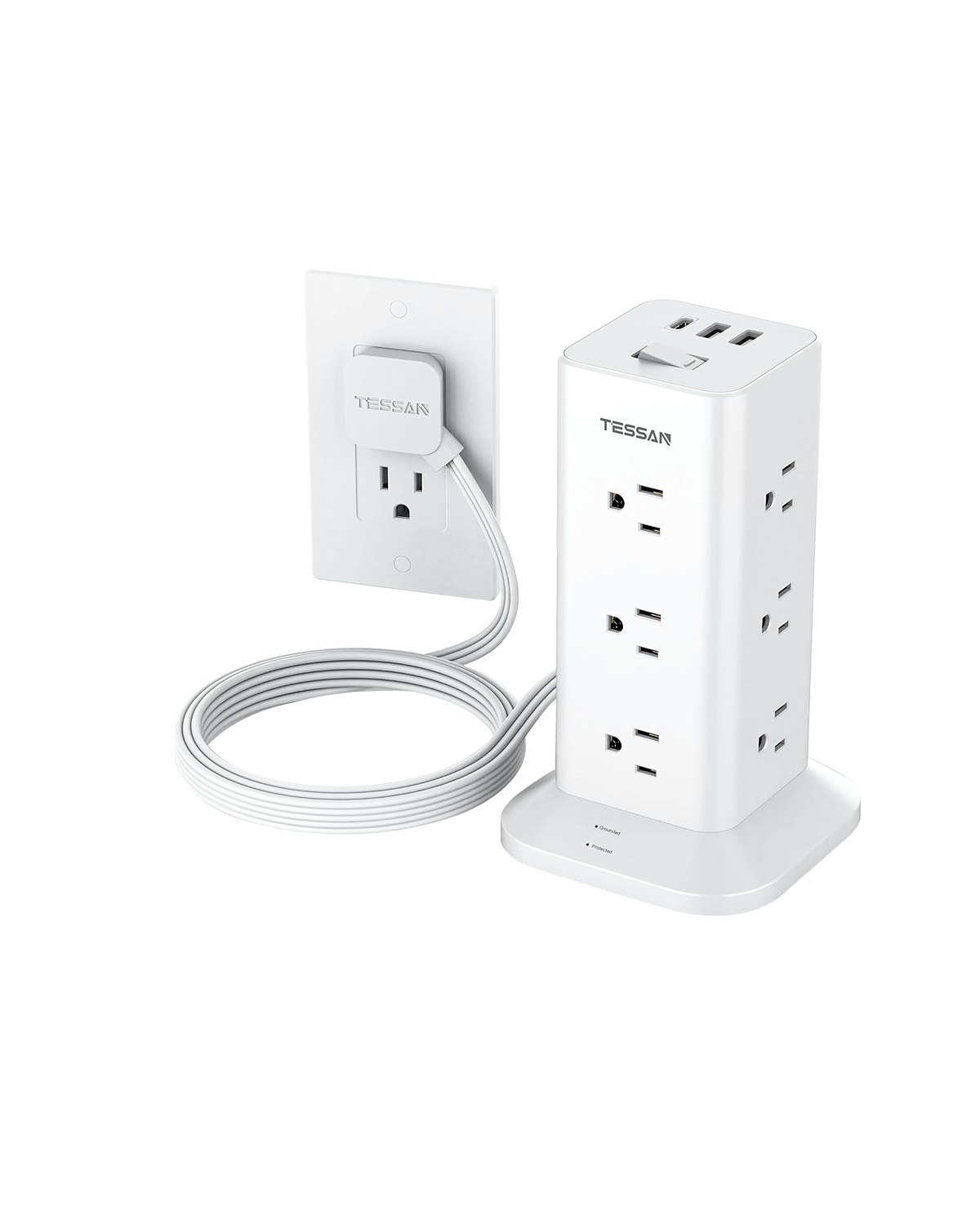 TESSAN Flat Plug Tower Strip With USB Ports (12 AC + 2 USB A + 1 USB C), Extended Flat Cord, Surge Protection