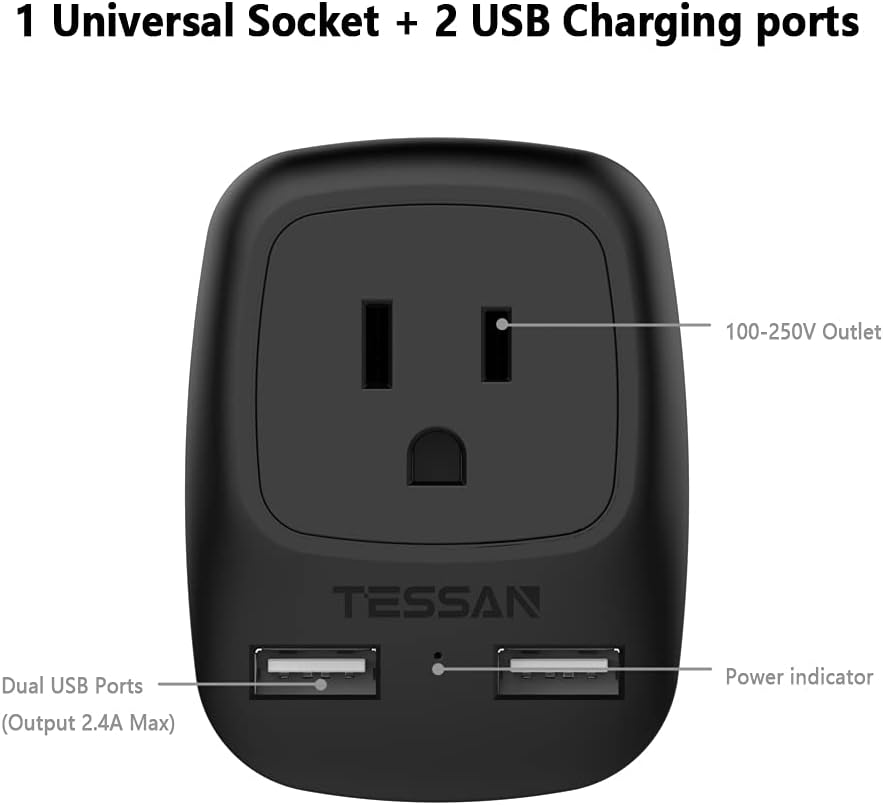 TESSAN European Travel Adapter with 1 outlet and 2 USB charging Ports
