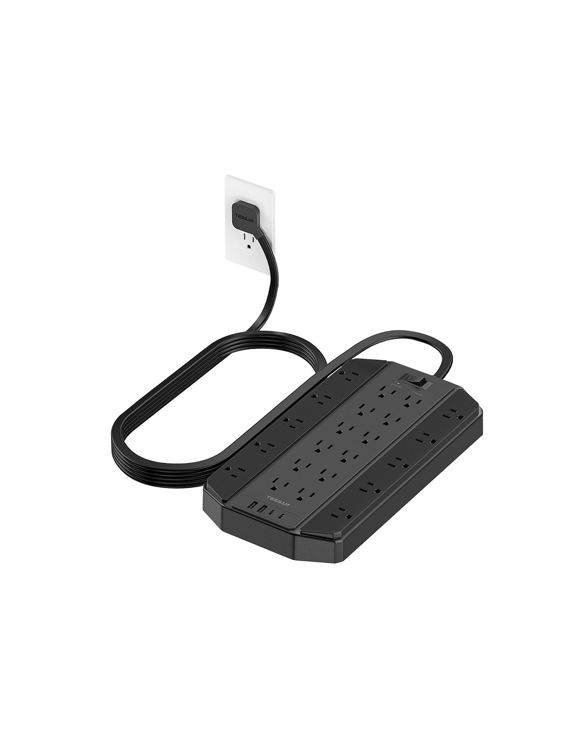 TESSAN Flat Extension Cord Power Strip 22 Outlets Black