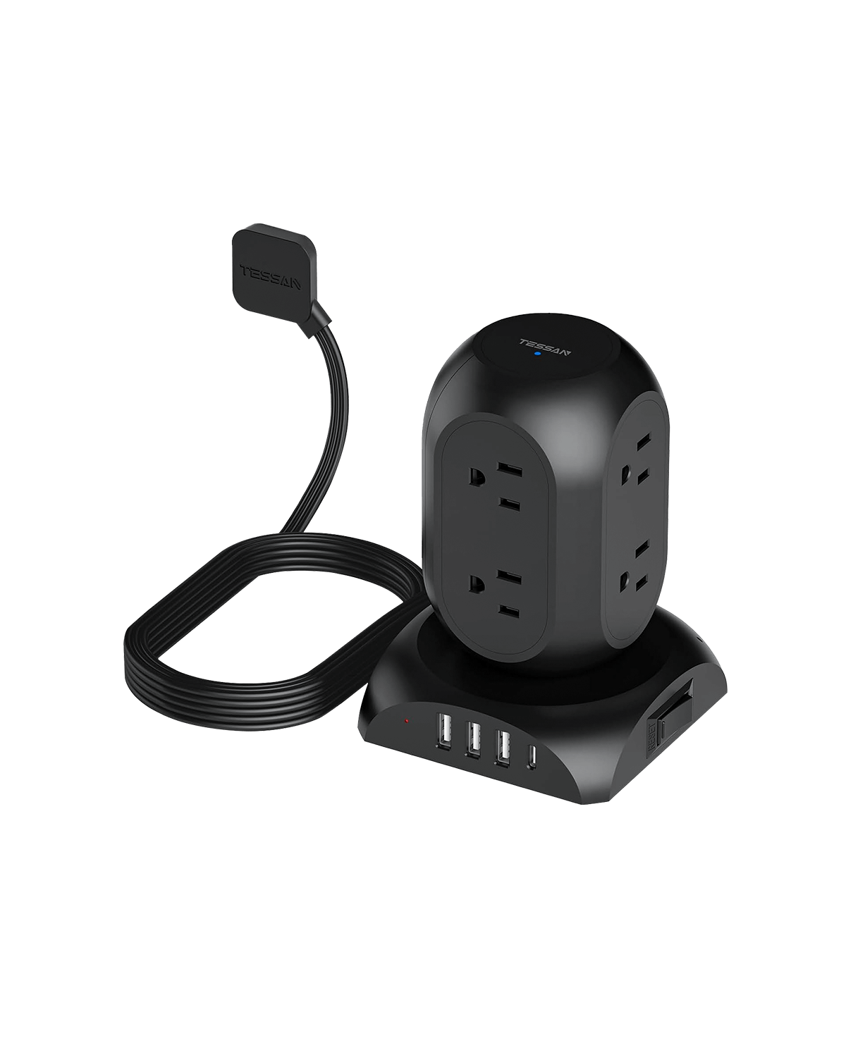 TESSAN Flat Plug Extension Cord 10 Ft with 8 AC Multiple Outlets 4 USB Ports (1 USB C)