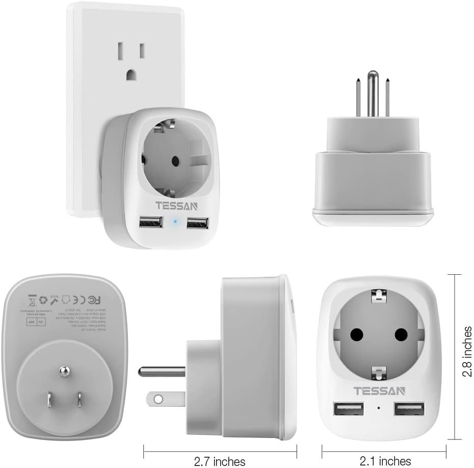 TESSAN Europe to US Plug Adapter with AC Outlet and 2 USB Ports