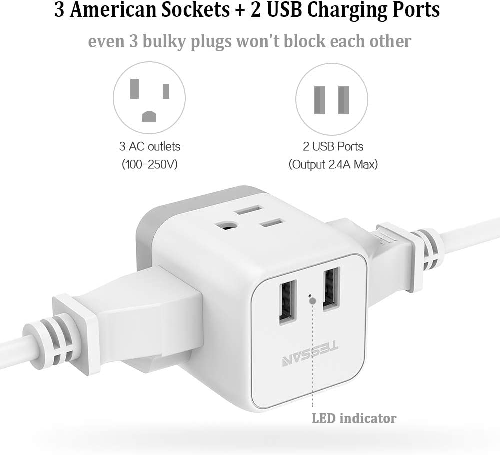 US To South Africa Travel Plug Adapter With 3 Outlets 2 USB Ports (Type M Plug)