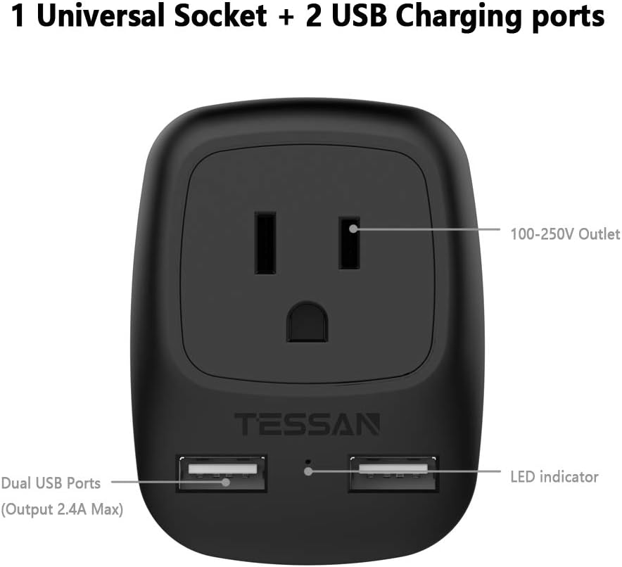 TESSAN UK Power Travel Adapter with 1 Outlet and 2 USB Charging Ports