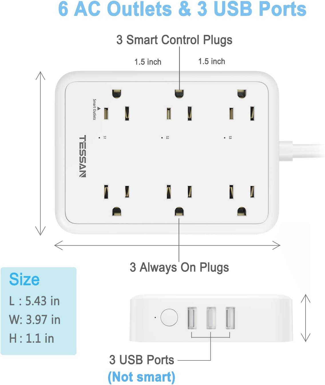 TESSAN WiFi Flat Plug Strip with 3 Smart Outlets and 3 USB Ports, 6 Feet Extension Cord