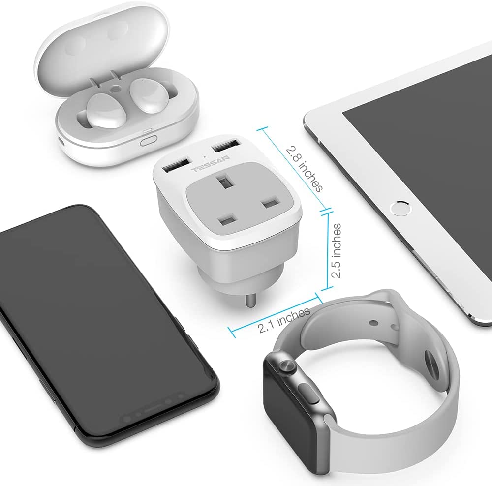 TESSAN UK to US Plug Adapter with AC Outlet 2 USB Ports