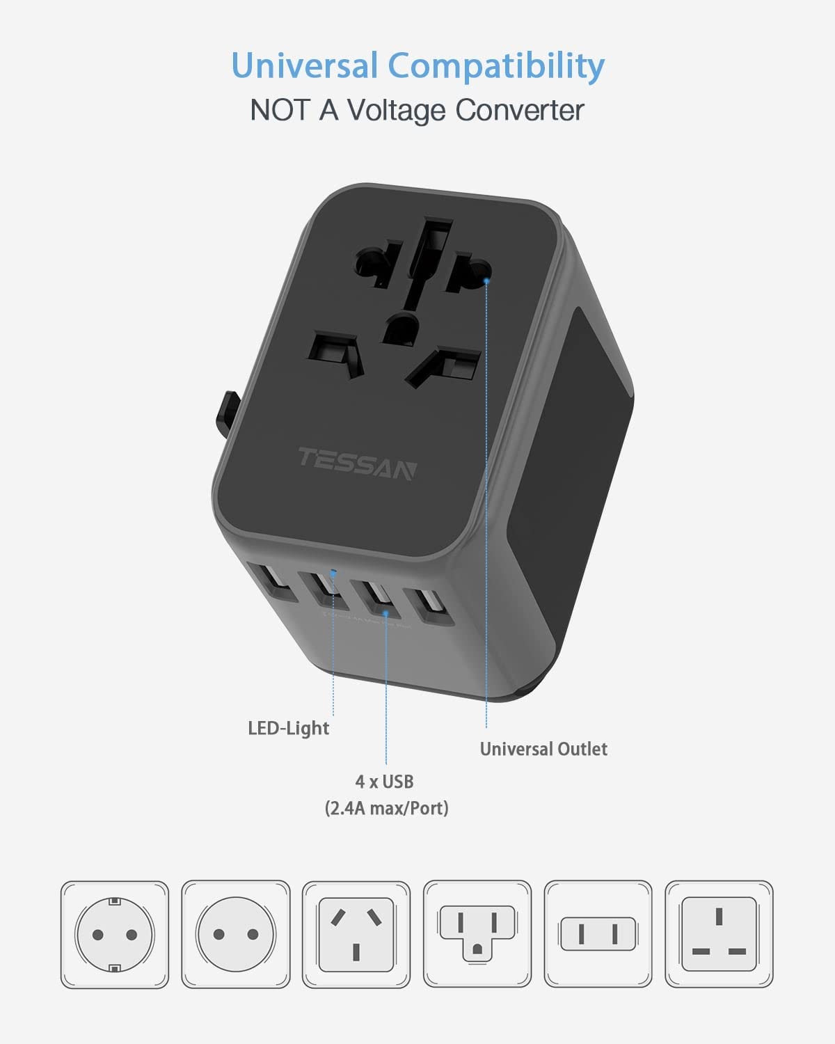 TESSAN Universal Power Adapter, International Plug Adapter with 4 USB Outlets