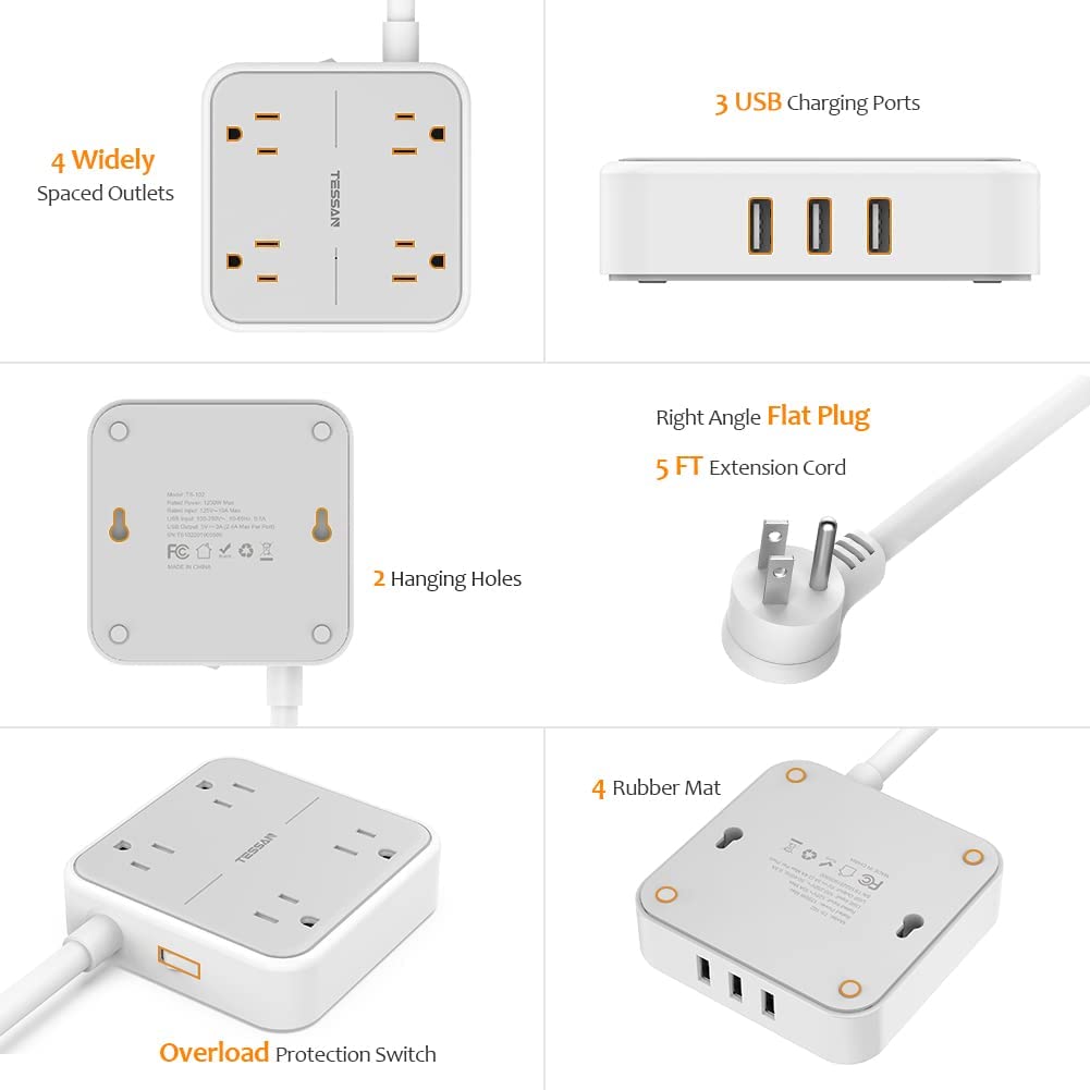 Gray Power Strip 5 FT Extension Cord Flat Plug With 4 Outlets 3 USB Ports