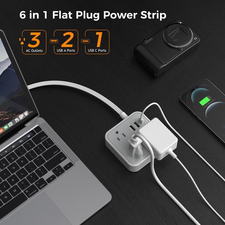 TESSAN Slim Power Strip with 3 USB (1 USB C) Ports, Ultra Thin Flat Extension Cord 5 FT