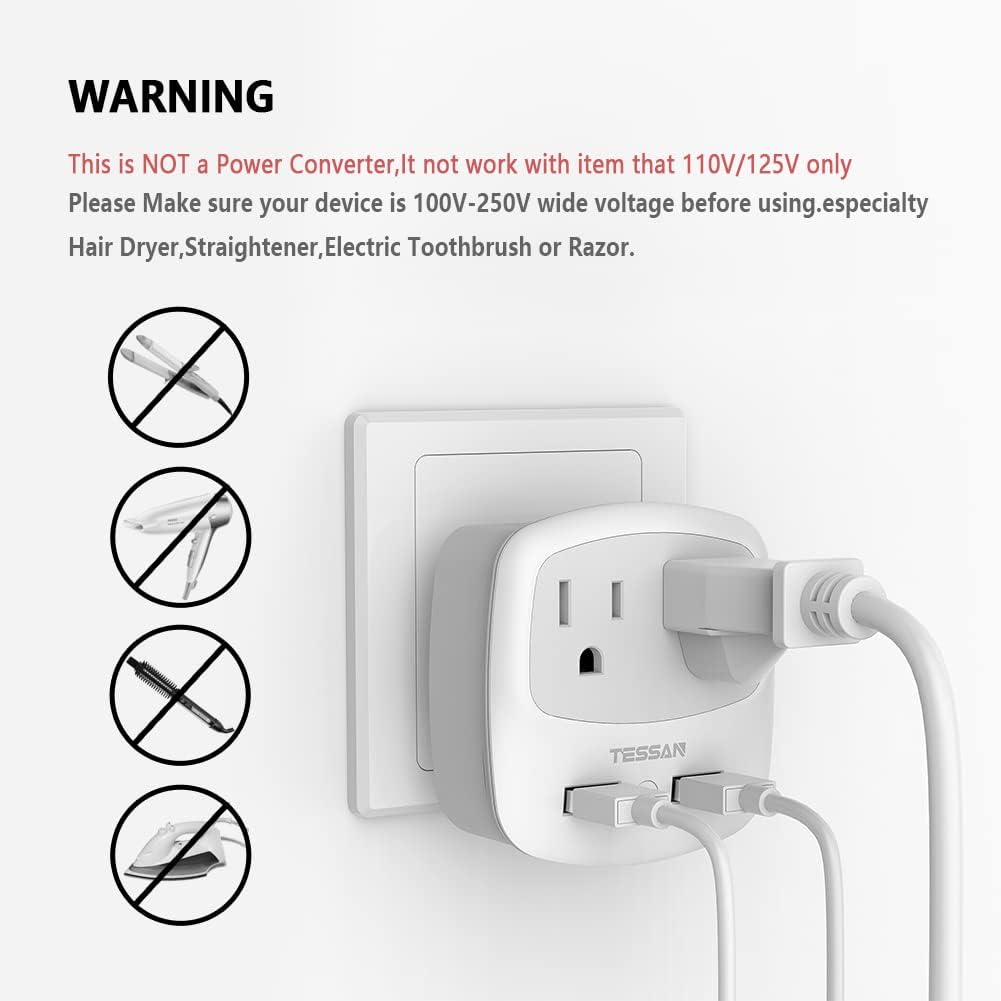 TESSAN Germany France Power Adapter with 2 USB Ports 2 AC Outlets