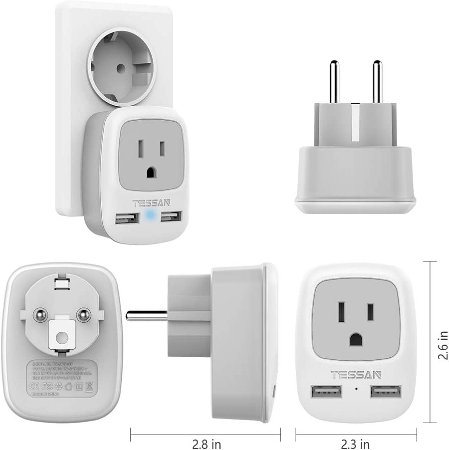 US To Germany/France Travel Plug Adapter with 1 Outlets 2 USB Ports(Type E/F Plug)
