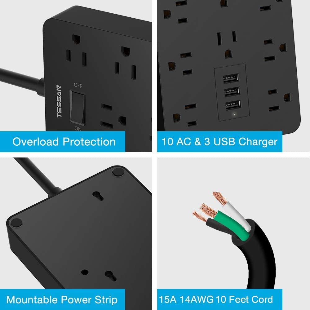 TESSAN Flat Plug Power Strip with 10 Widely Spaced AC Outlets and 3 Charging Ports