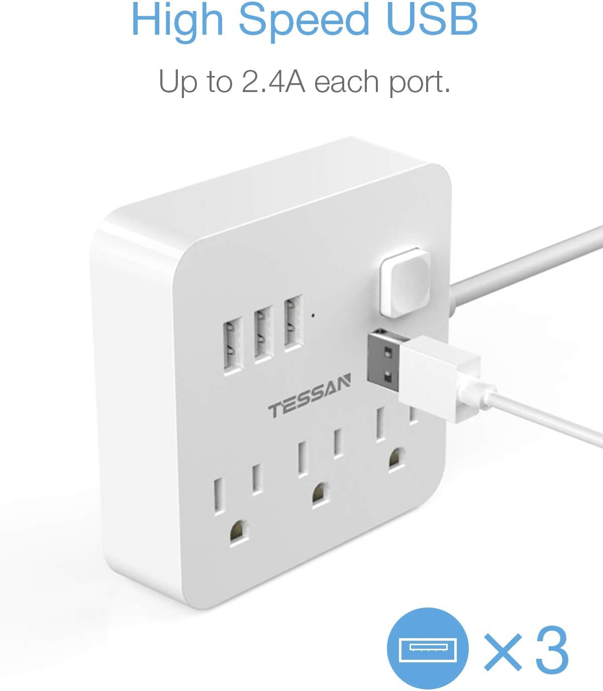 TESSAN Power Strip With 3 USB C Ports, Surge Protection, Convenient ON/OFF Switch