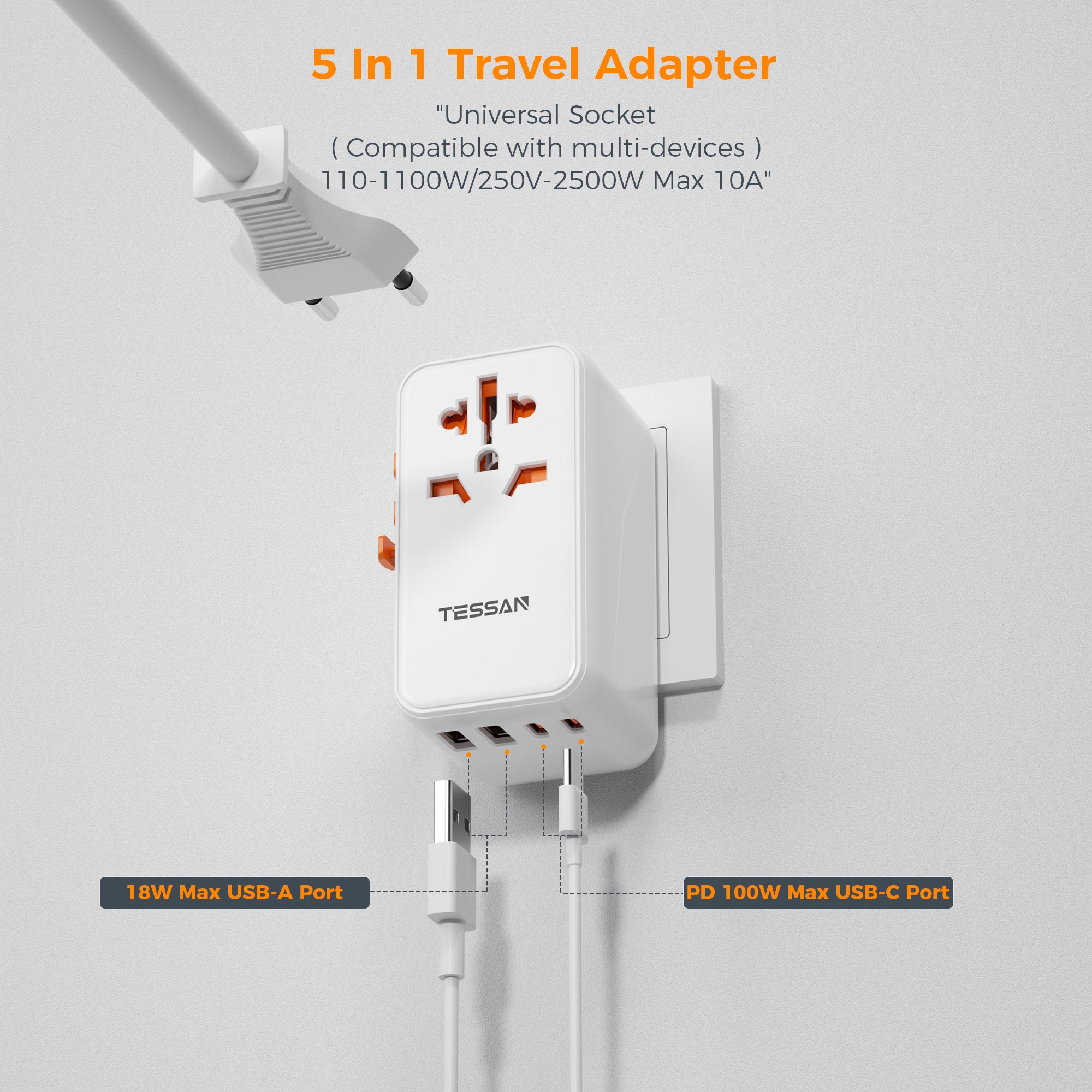 International 5 In 1 Travel Plug Adaptor with 2 USB C and 2 USB Ports (Fast Charging PD 100W)