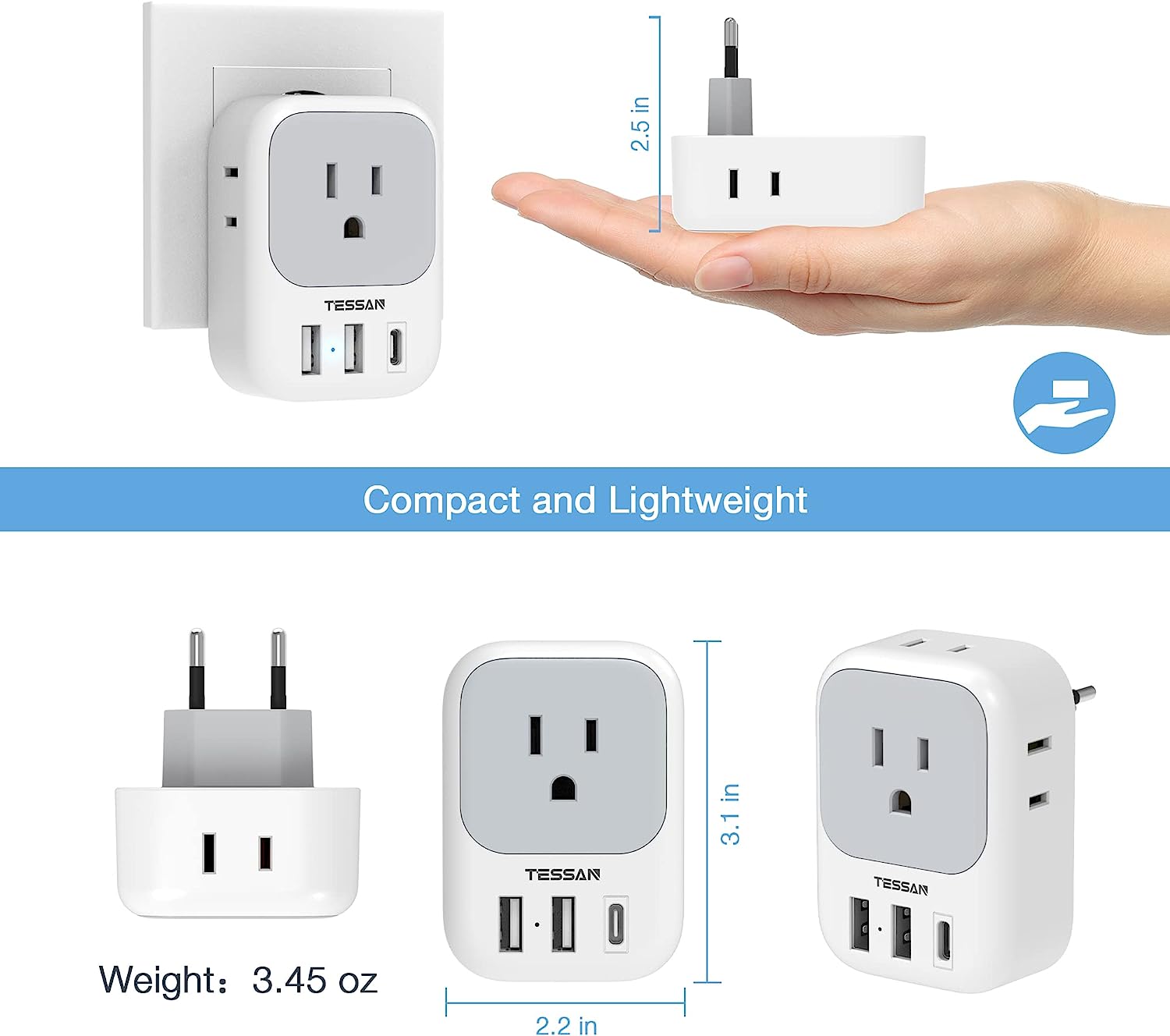 TESSAN US to Europe Power Adapter with 4 AC Outlets and 3 USB (1 USB C), 3 Pack