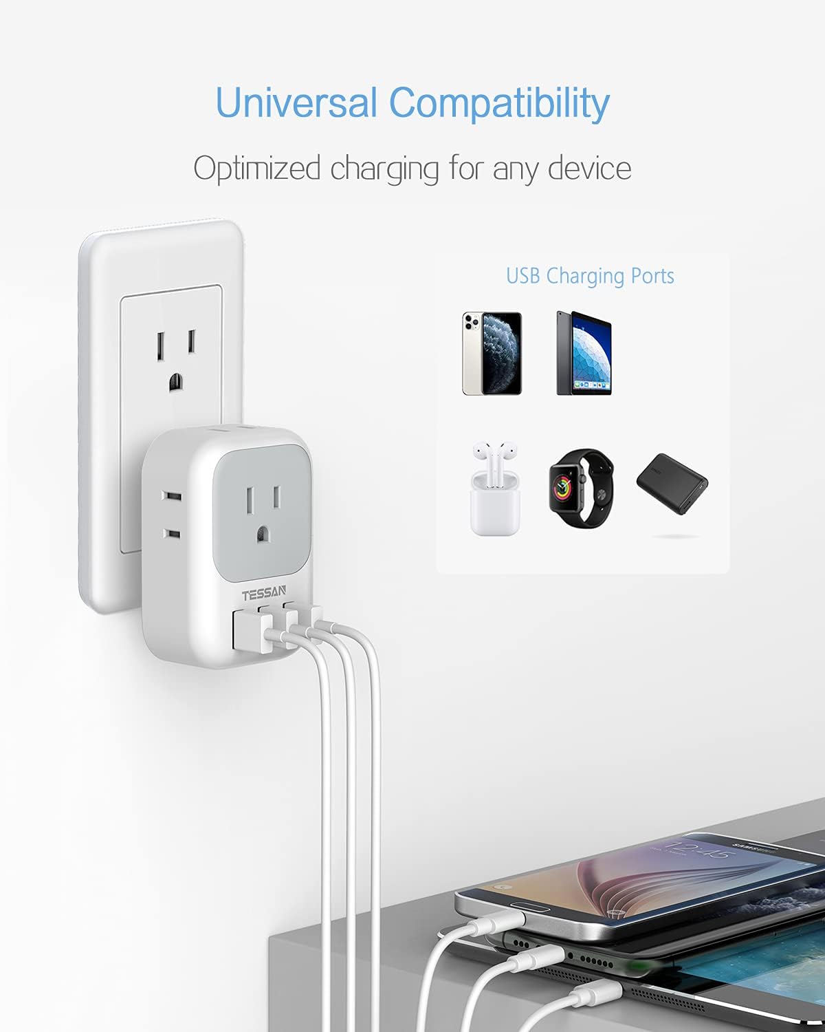 TESSAN 4 Electrical Outlet Extender with 3 USB Ports