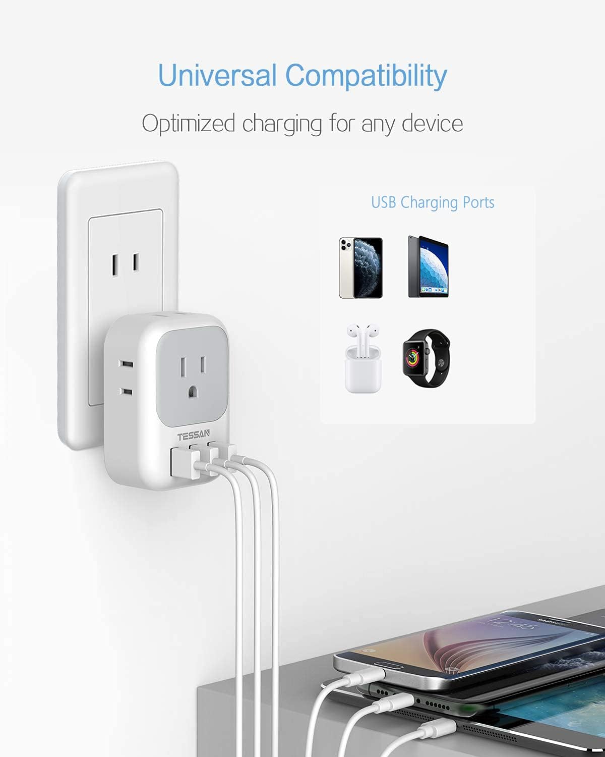 TESSAN US to Japan Plug Adapter with 4 AC Outlets 3 USB Ports