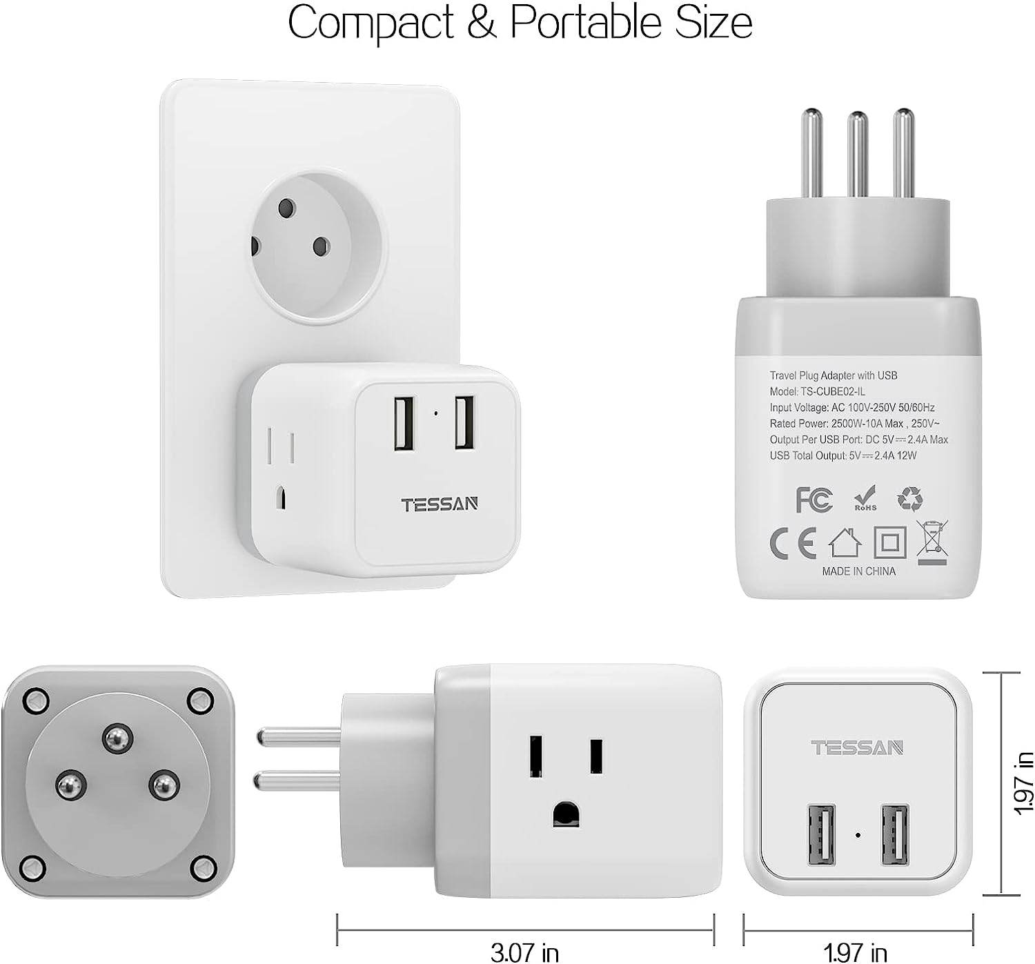 TESSAN US to Israel Plug Adapter with 3 Outlets 2 USB Charging Ports