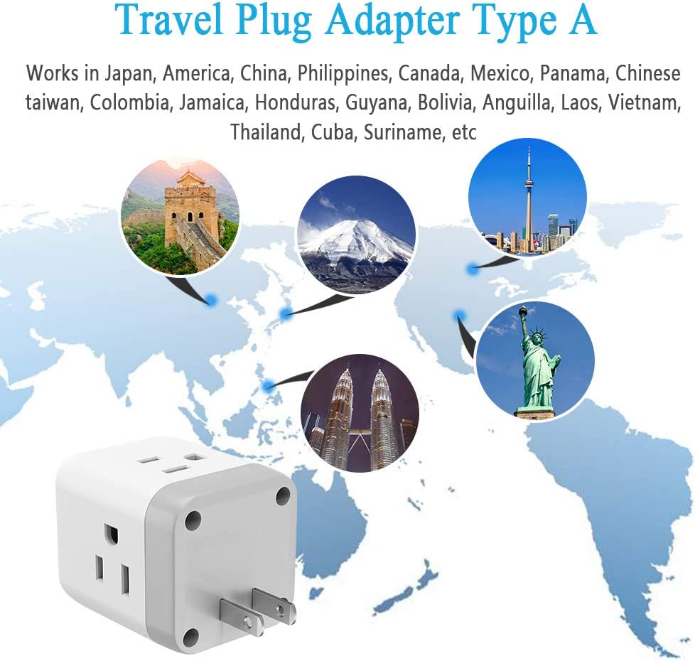 US To Japan/China/Philippines Travel Plug Adapter with 3 Outlets 2 USB Ports (Type A Plug)