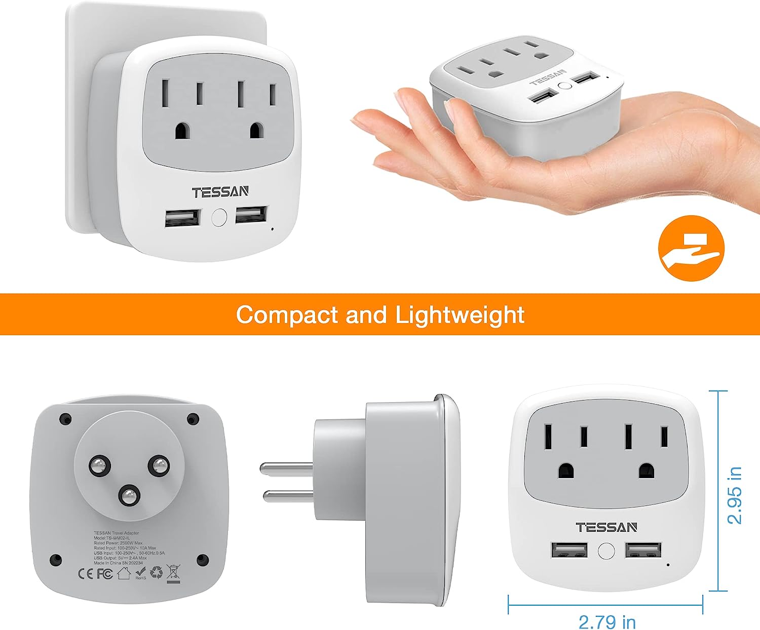 TESSAN Travel Adapters for Israel with 2 USB Ports 2 American Outlets