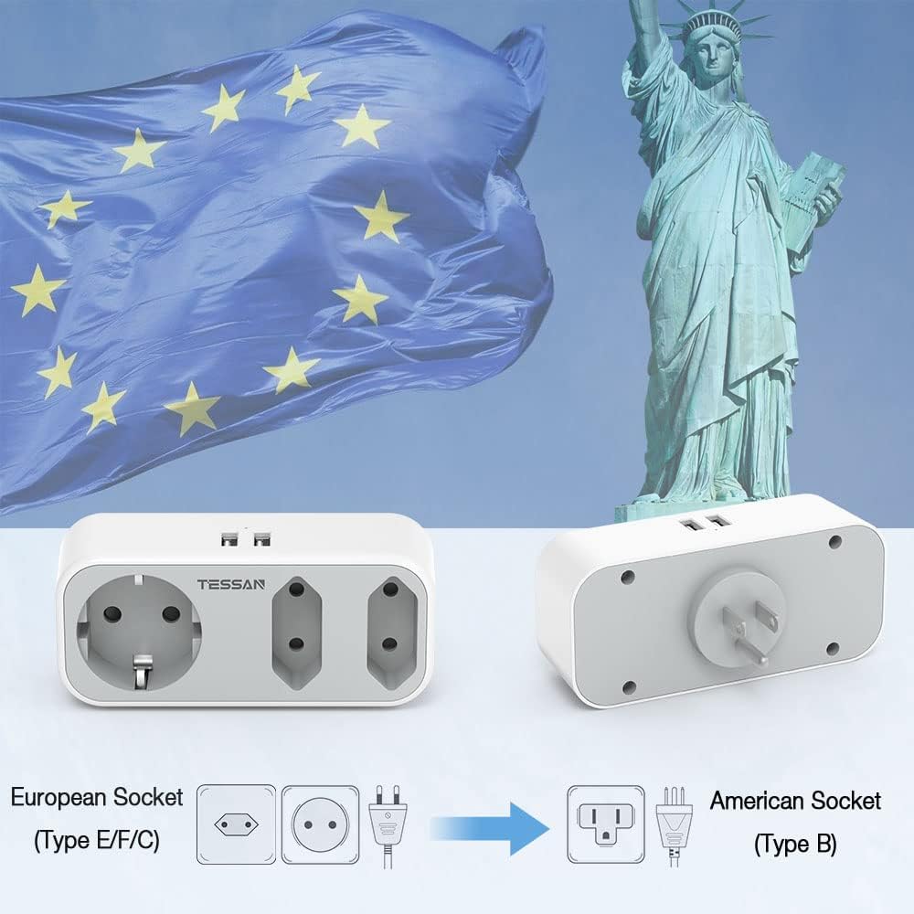 TESSAN EU to US Plug Adapter with 3 AC Outlets and 2 USB Ports