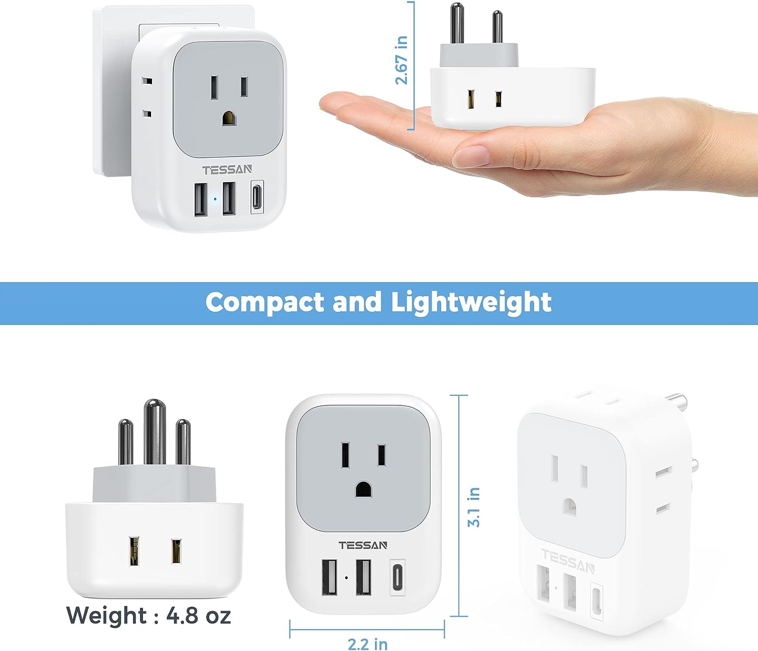 TESSAN Type D Travel Adapter with 4 Outlets 3 USB Charger (1 USB C Port), India Plug Adapter 2 Pack