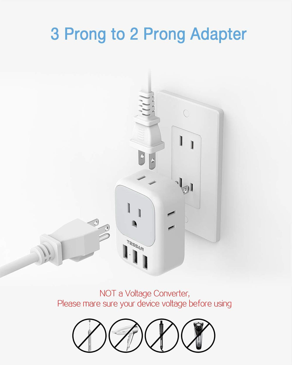TESSAN US to Japan Plug Adapter with 4 AC Outlets 3 USB Ports